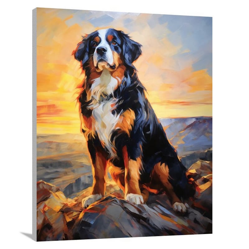 Majestic Sunset Serenade: Bernese Mountain Dog - Canvas Print