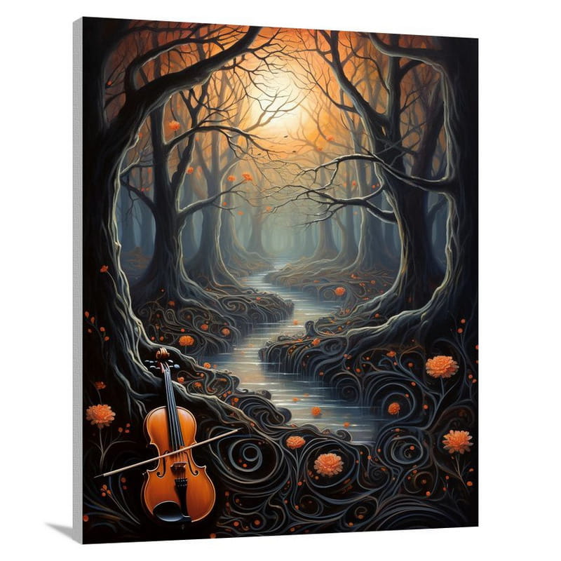 Melodic Serenade: Violin in the Moonlit Forest - Canvas Print