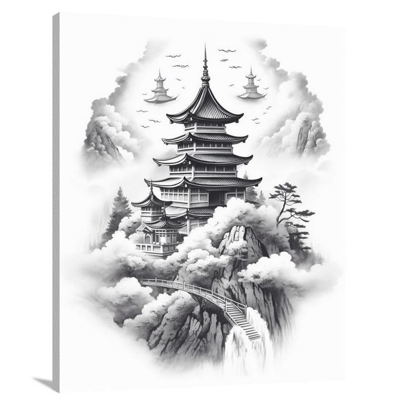 Misty Pagoda: Architectural Serenity - Canvas Print