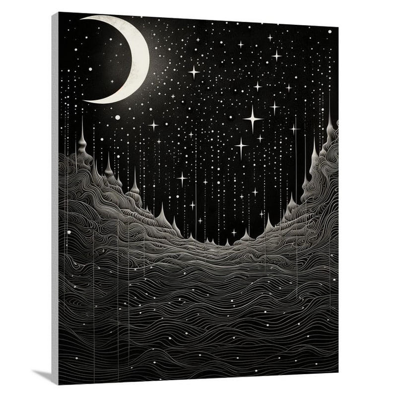 Moon's Celestial Tapestry - Black And White - Canvas Print