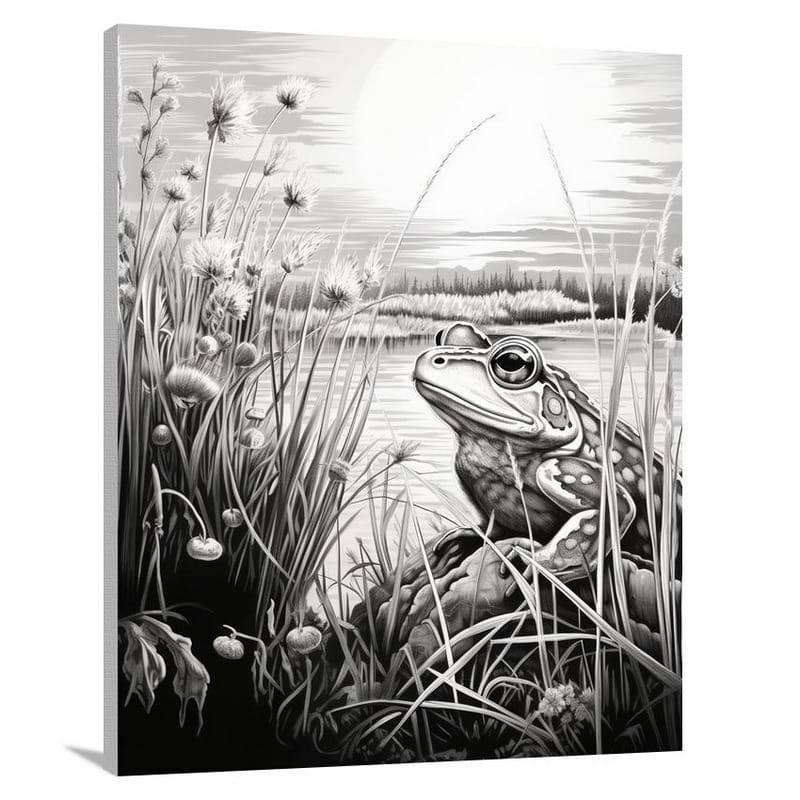Moonlit Serenade: Frog's Melody - Black And White - Canvas Print