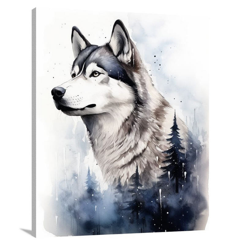 Moonlit Yearning: Siberian Husky - Watercolor - Canvas Print