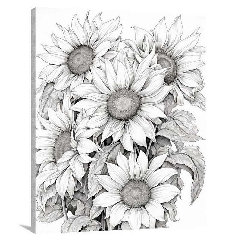 Nebraska's Sunflower Symphony - Black And White - Canvas Print