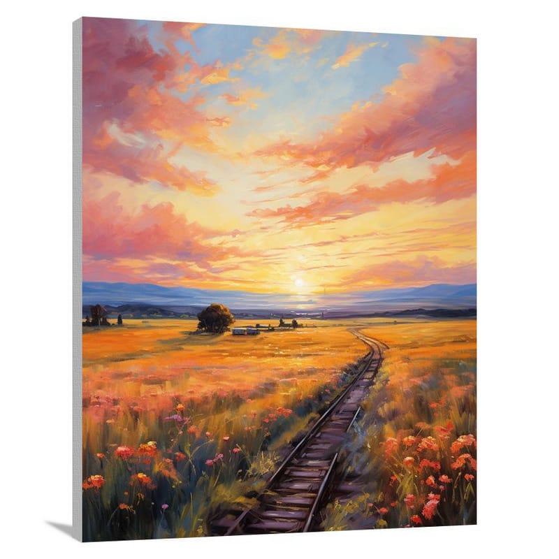 Ohio Sunset: Train Tracks and Flowers - Canvas Print