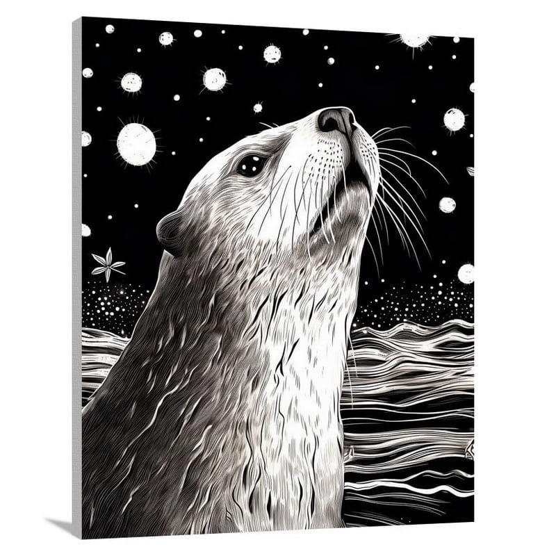 Otter's Moonlit Dance - Black And White - Canvas Print