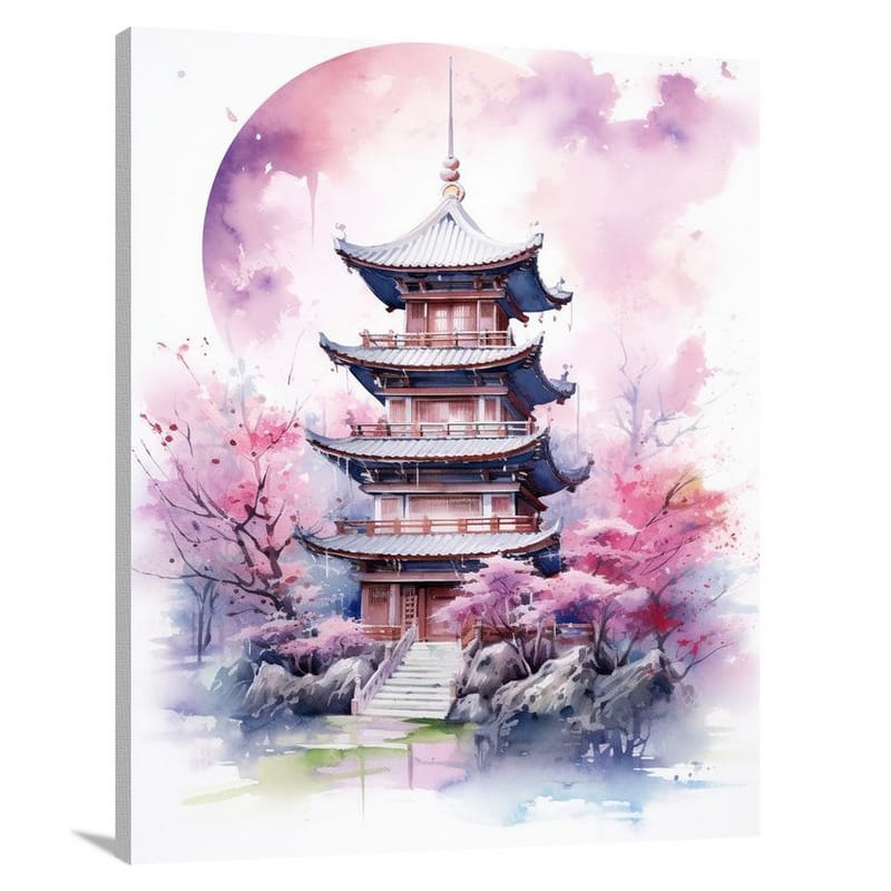 Pagoda's Ethereal Glow - Watercolor - Canvas Print