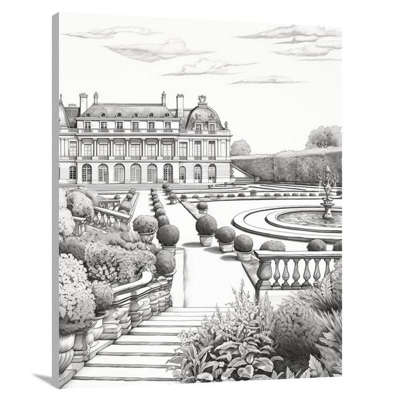Palace of Versailles: Serene Escape - Black And White - Canvas Print
