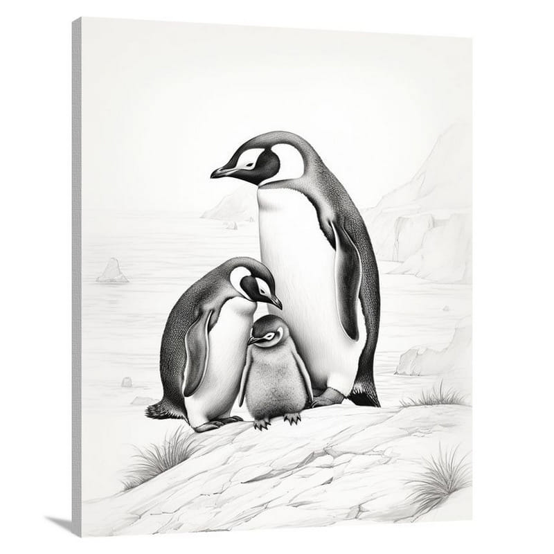 Penguin's Embrace - Black And White - Canvas Print