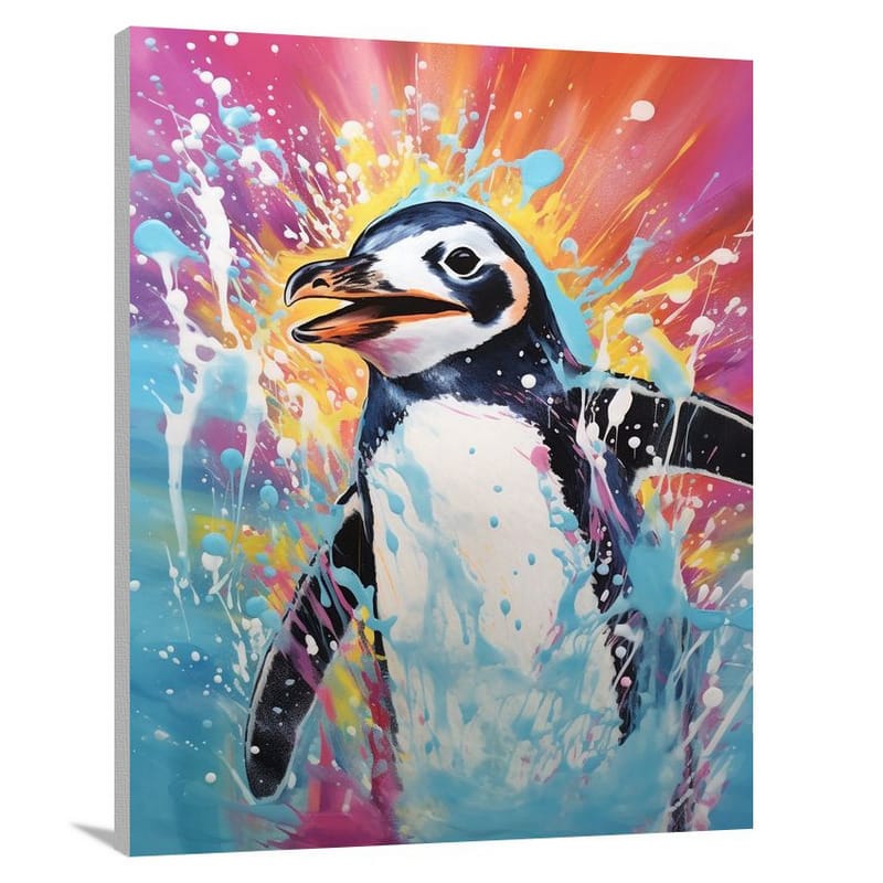 Penguin's Playful Slide - Pop Art - Canvas Print