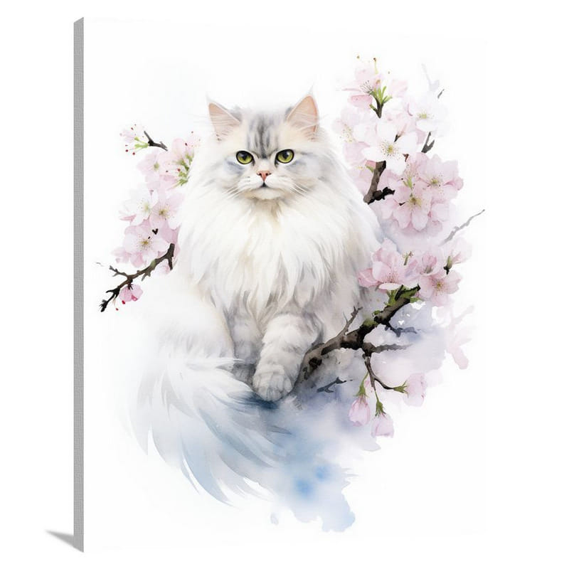 Persian Cat on Cherry Blossom Branch - Canvas Print