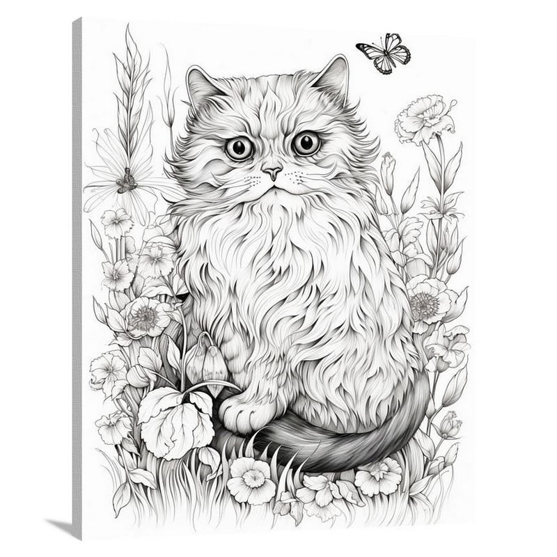 Persian Cat's Whimsical Forest - Black And White - Canvas Print