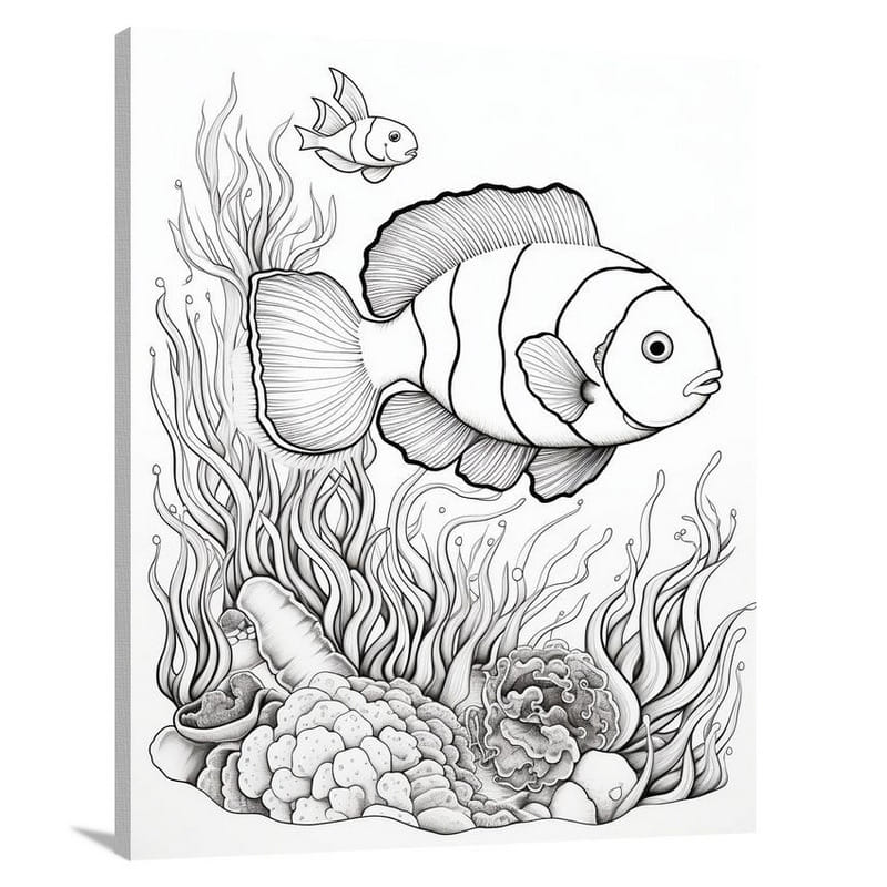 Playful Harmony: Clown Fish Symphony - Black And White - Canvas Print