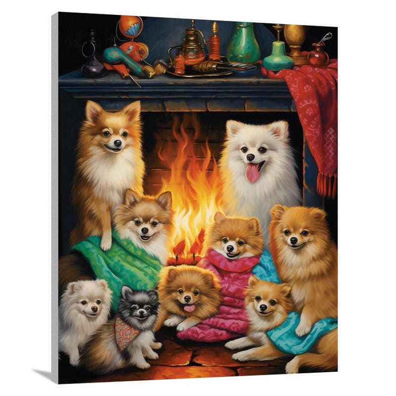 Pomeranian Gathering: Cozy Fireside - Canvas Print