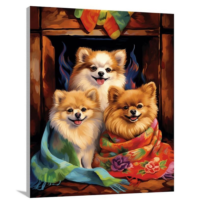Pomeranian Paws: Cozy Canine Gathering - Canvas Print