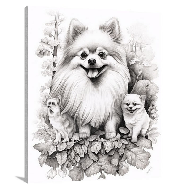 Pomeranian Playtime - Black And White - Canvas Print