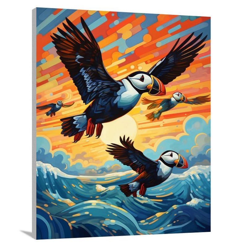 Puffin's Aerial Symphony - Canvas Print