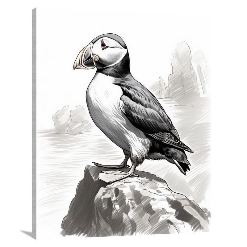 Puffin's Whispers - Black And White - Canvas Print