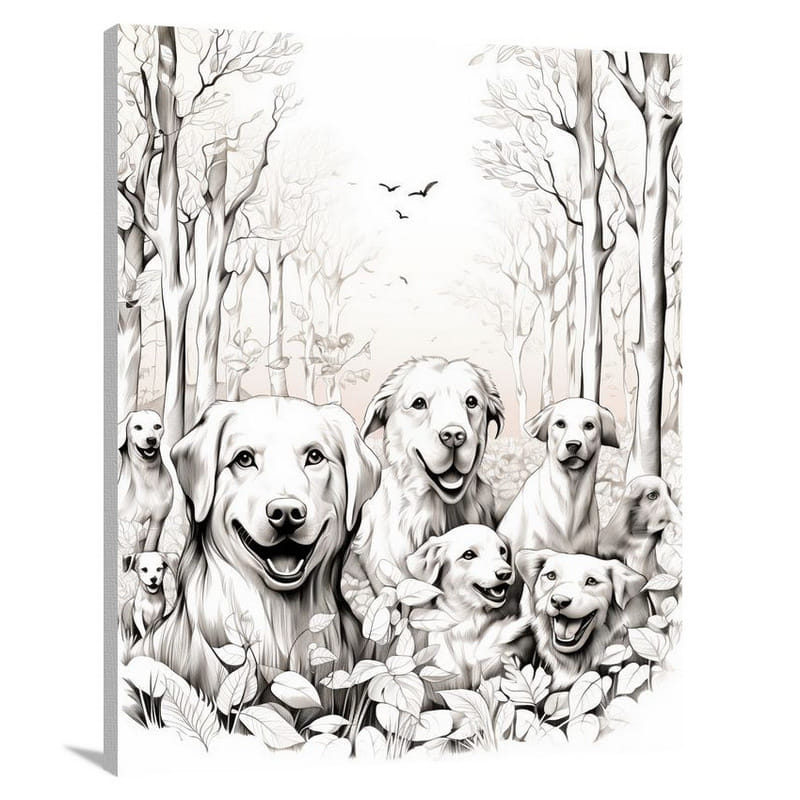 Puppy's Autumn Frolic - Black And White - Canvas Print