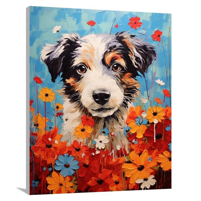 Puppy's Floral Adventure - Canvas Print