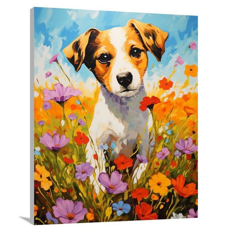 Puppy's Floral Adventure - Pop Art - Canvas Print