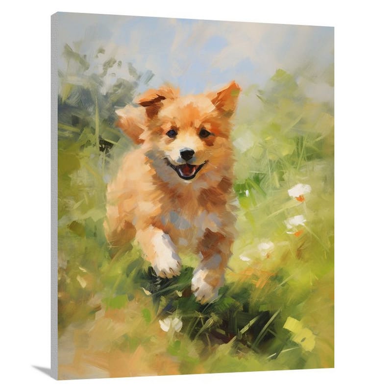 Puppy's Playful Chase - Impressionist - Canvas Print