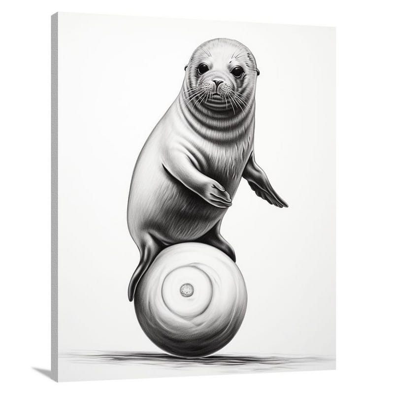 Seal's Playful Balance - Black And White - Canvas Print