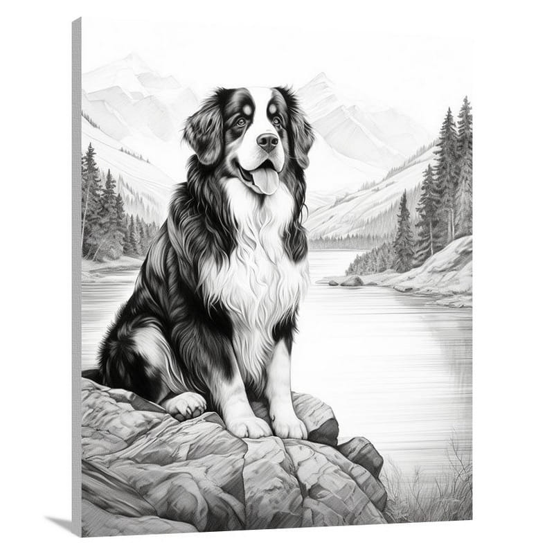 Serene Reflections: Bernese Mountain Dog - Black And White - Canvas Print