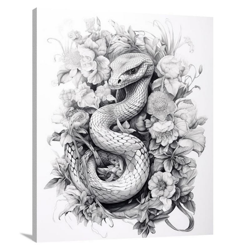Serpentine Symphony: Snake's Wild Dance - Black And White - Canvas Print