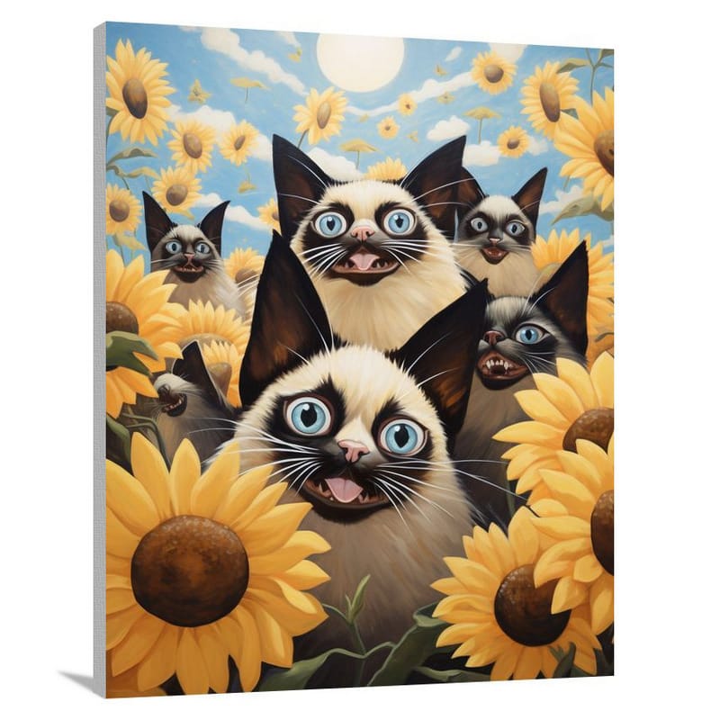 Siamese Cat's Sunflower Symphony - Canvas Print