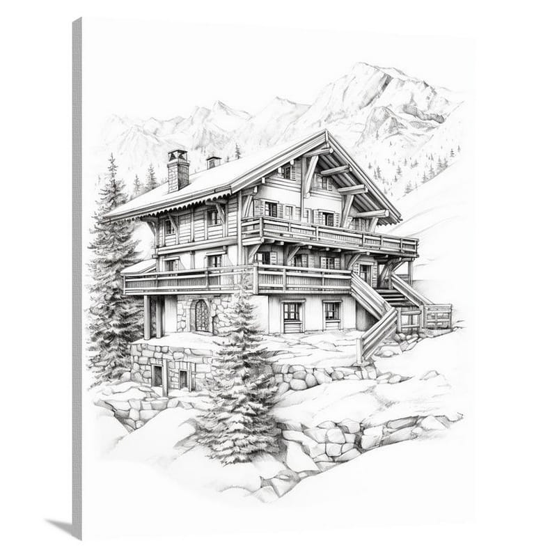 Ski Chalet - Black and White - Black And White - Canvas Print