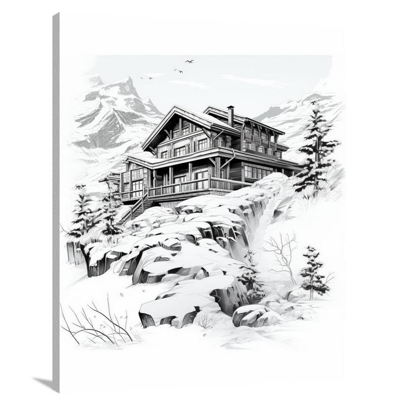 Ski Chalet - Black and White - Canvas Print