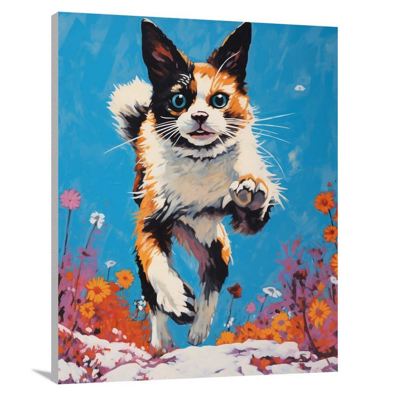 Snowshoe Cat's Floral Leap - Canvas Print
