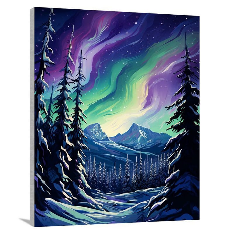 Snowy Mountain: Ethereal Aurora Borealis - Canvas Print