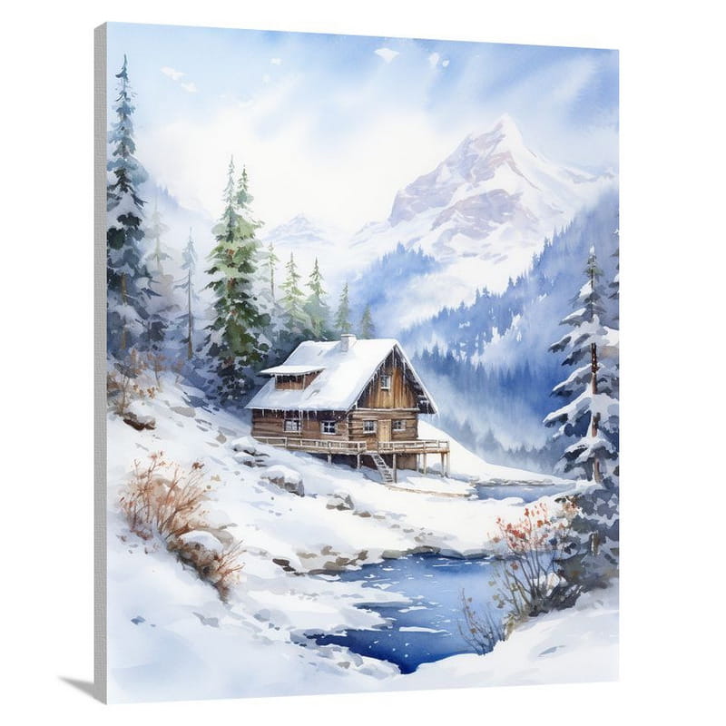 Snowy Mountain Serenity - Watercolor - Canvas Print