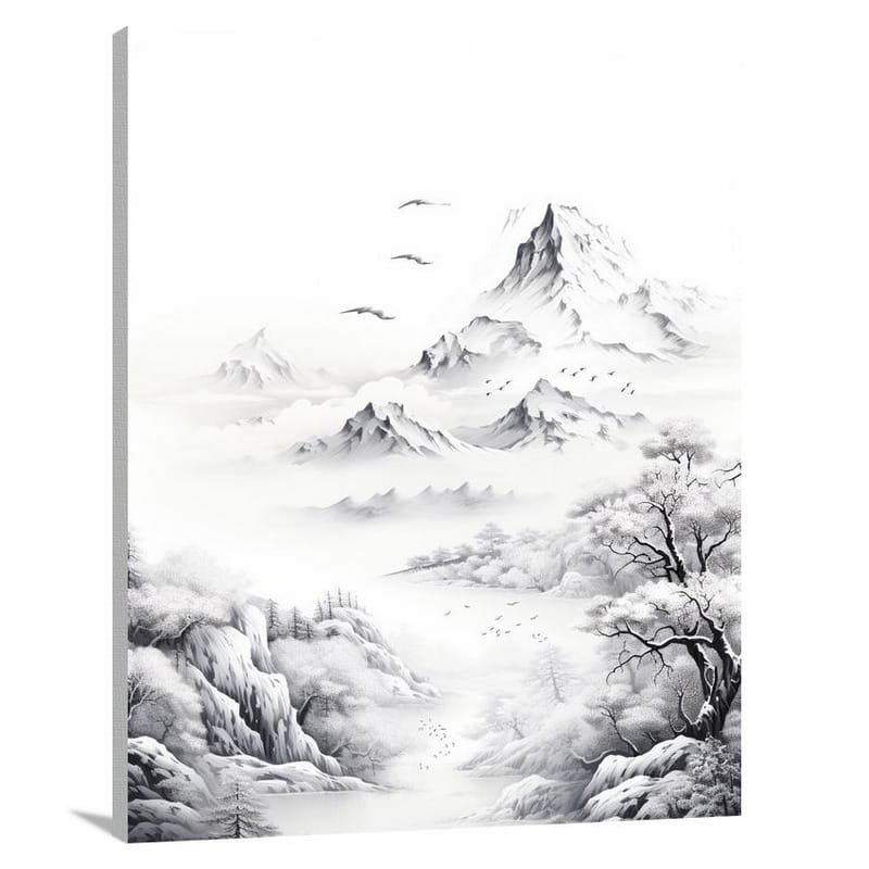 Snowy Mountain Symphony - Black And White 2 - Canvas Print