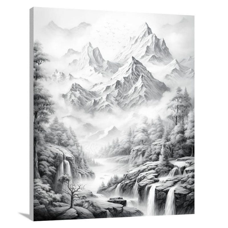 Snowy Mountain Symphony - Black And White - Canvas Print