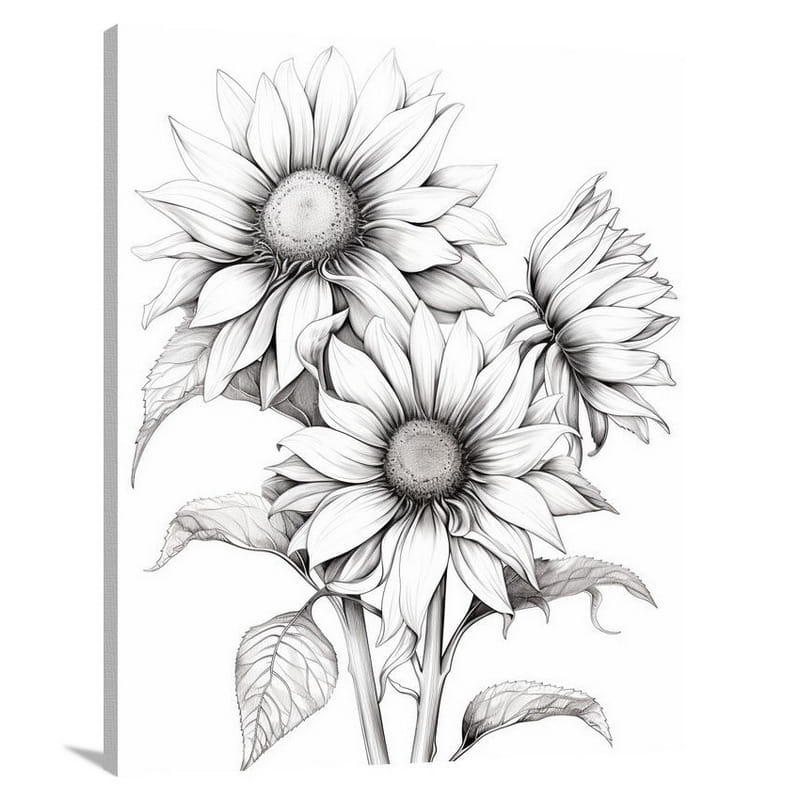 Sunflower - Black and White - Black And White - Canvas Print