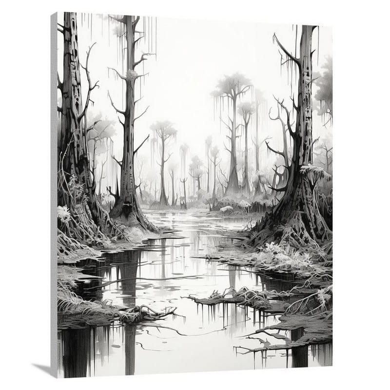 Swamp Serenity - Black And White - Canvas Print