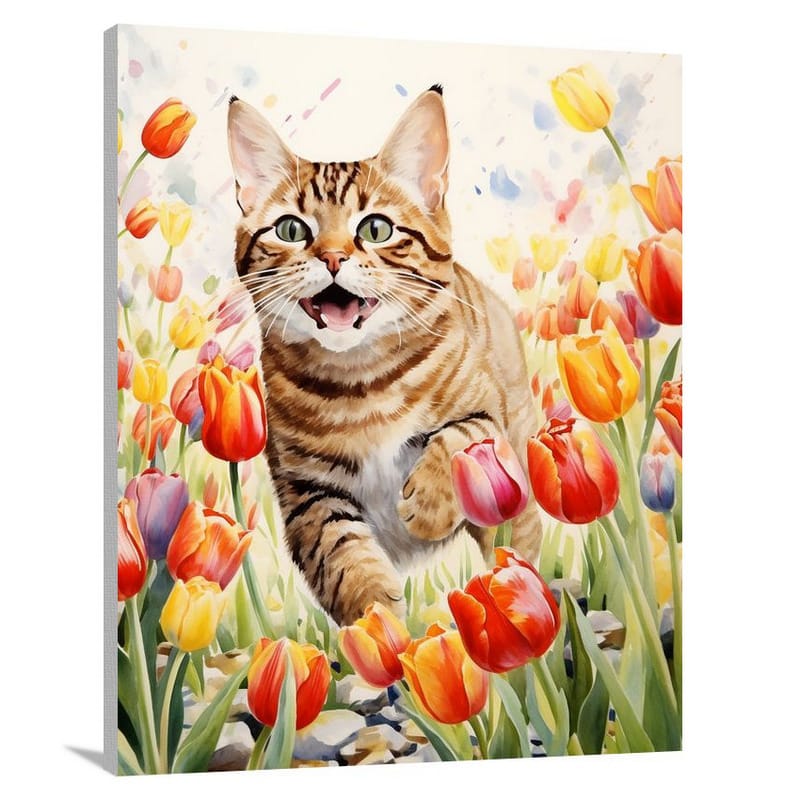 Tabby Cat's Tulip Adventure - Canvas Print