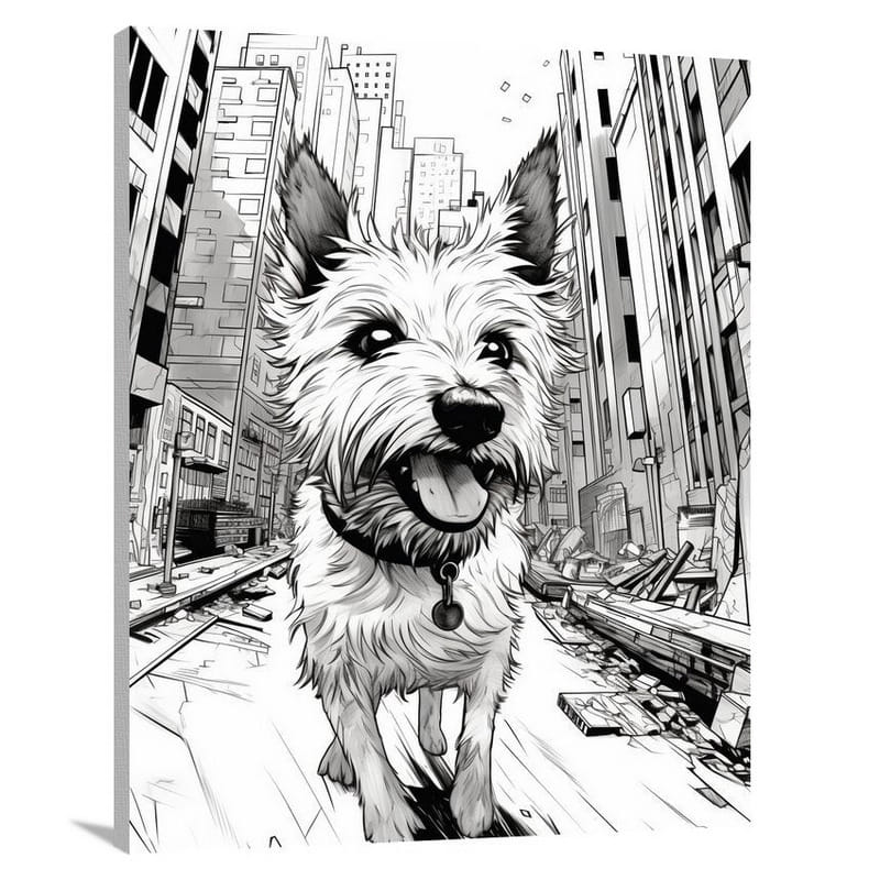 Terrier's Urban Adventure - Black And White - Canvas Print
