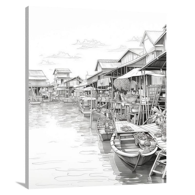 Thailand's Floating Market - Black And White - Canvas Print