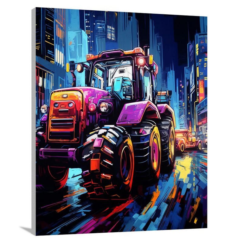 Tractor's Neon Symphony - Canvas Print
