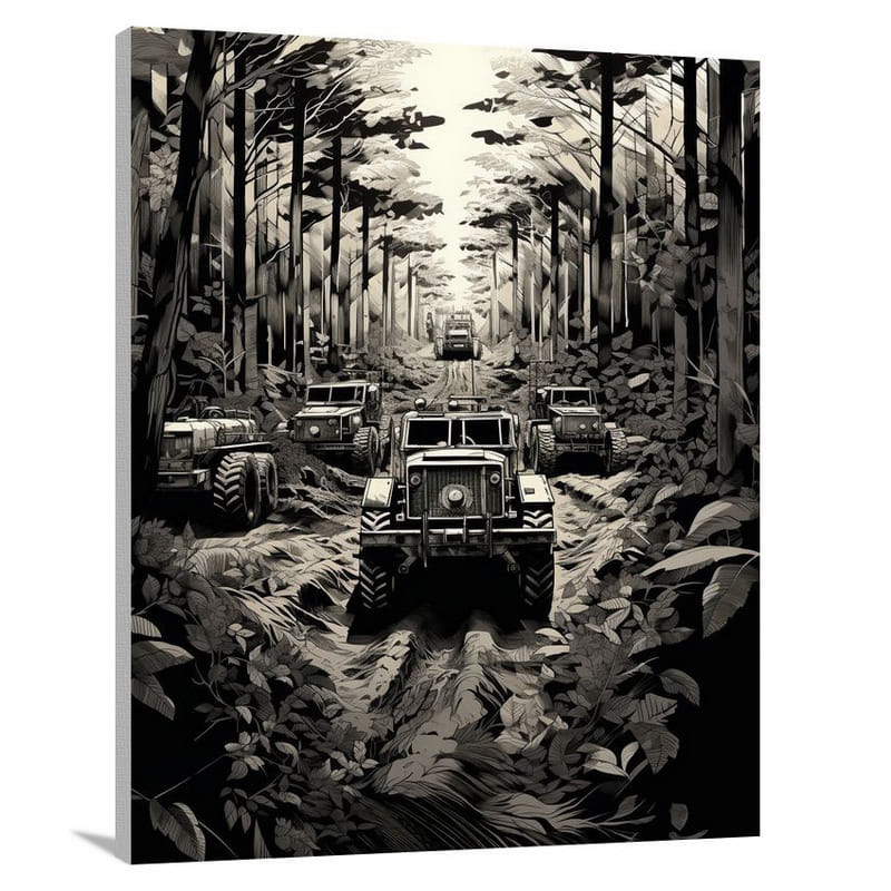 Tractor's Stealthy Convoy - Black And White - Canvas Print
