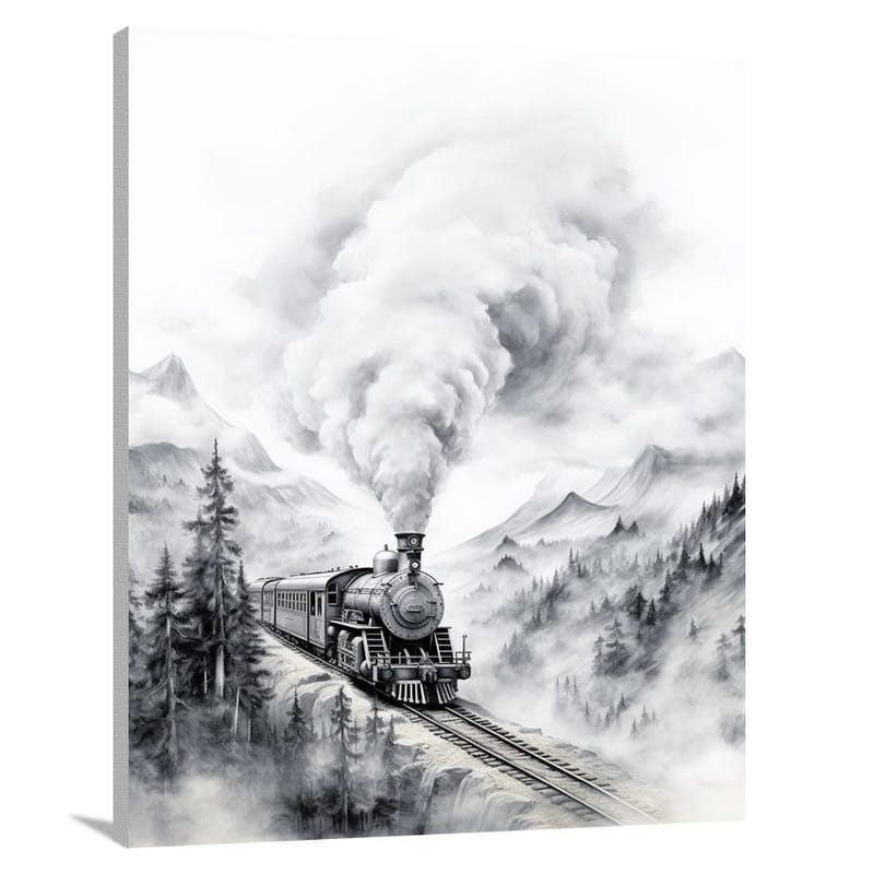 Train Journey Through Misty Mountains - Black And White - Canvas Print