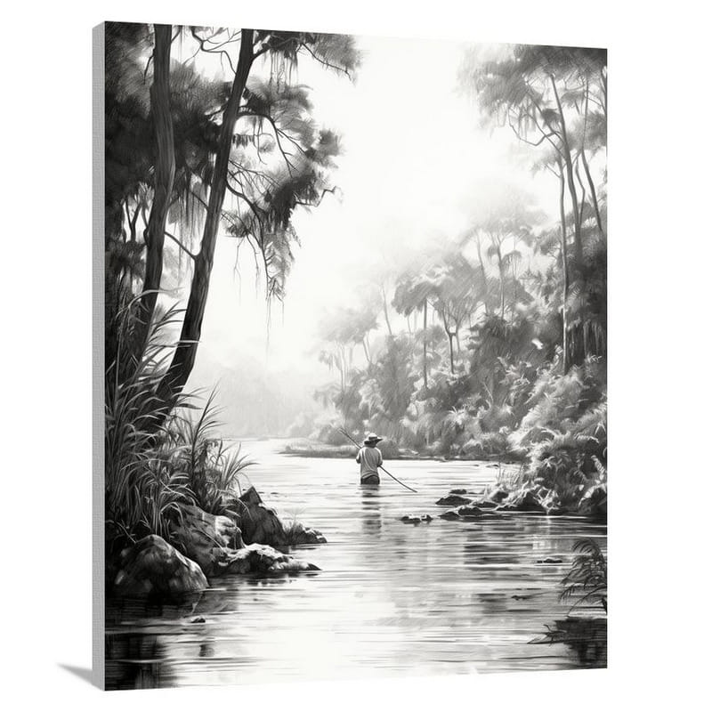 Tranquil Waters: Fishing Sports - Black And White - Canvas Print