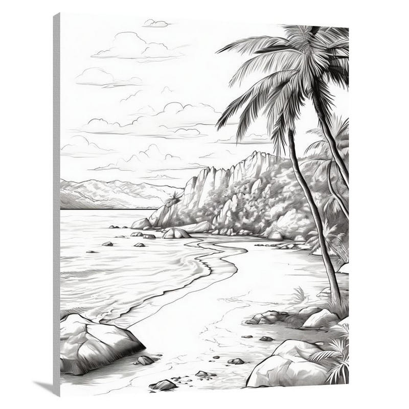 Tropical Beach Serenity - Black And White - Canvas Print