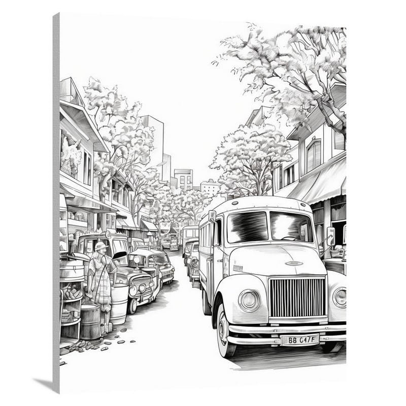 Truck Convoy: Vibrant Street Market - Canvas Print