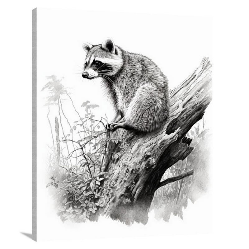 Twilight Solitude: Raccoon - Black And White - Canvas Print