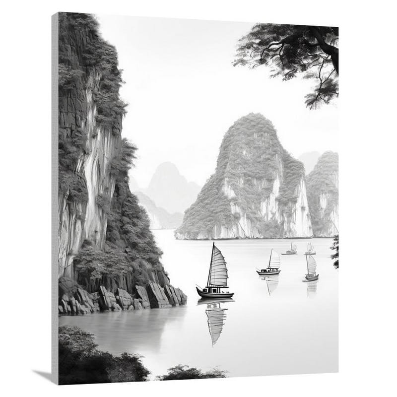 Vietnam's Serene Symphony - Black And White - Canvas Print