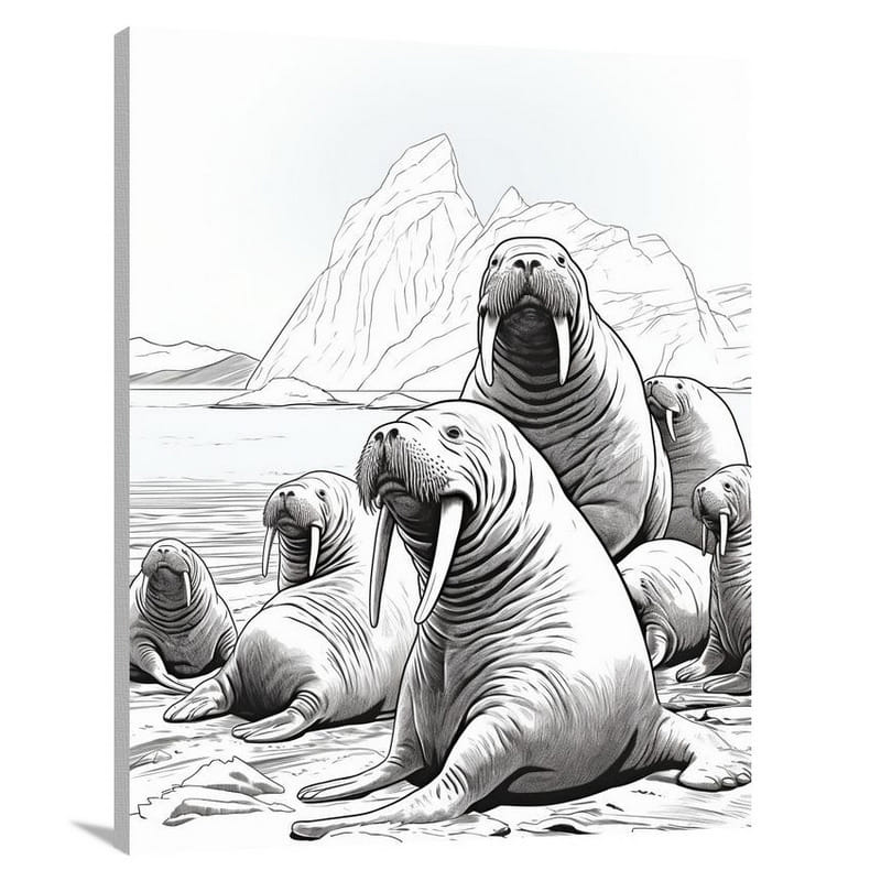 Walrus Gathering - Black And White - Canvas Print